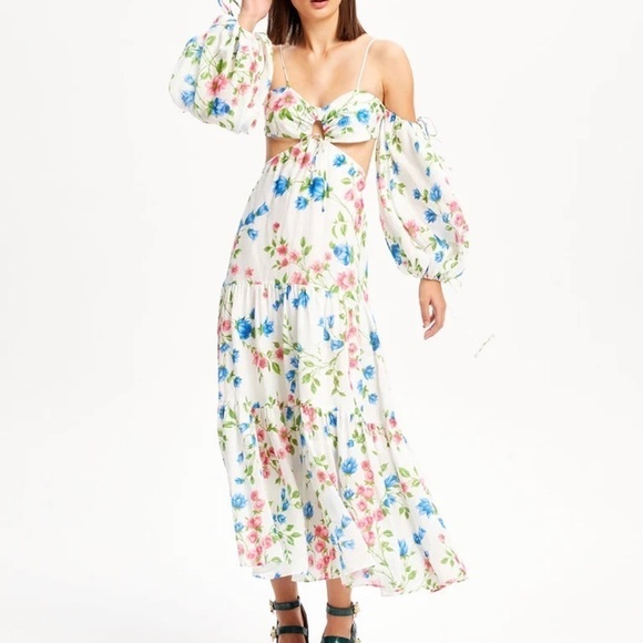 Alice McCall Rolling Meadows Floral Midi Dress Cut Out Cotton White Summer Party